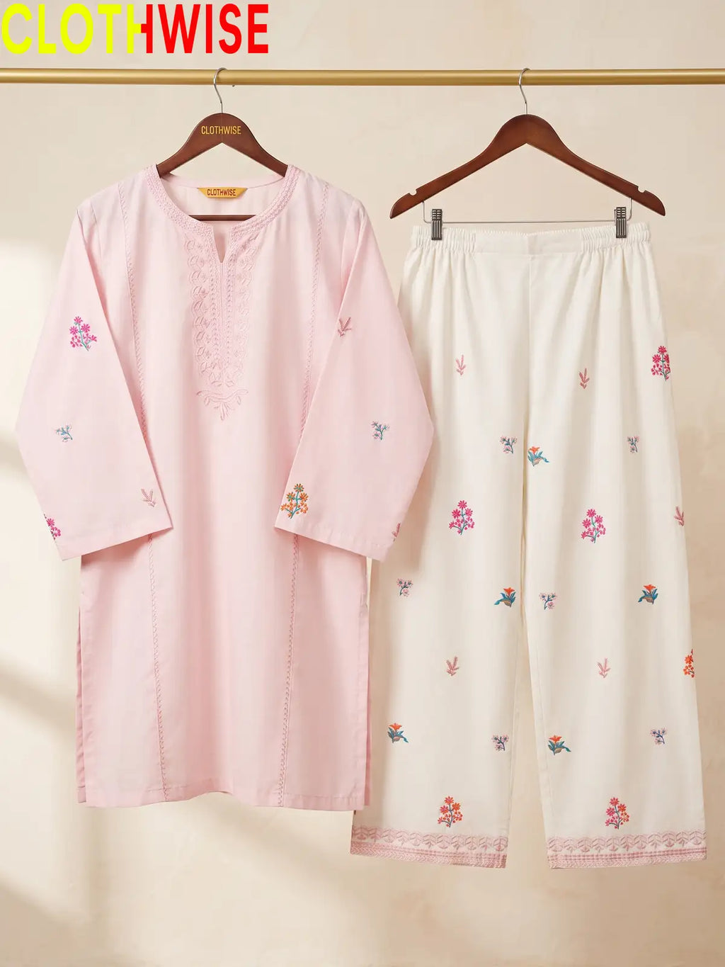 Anaya Pink 2-piece embroidered cotton suit - on hanger