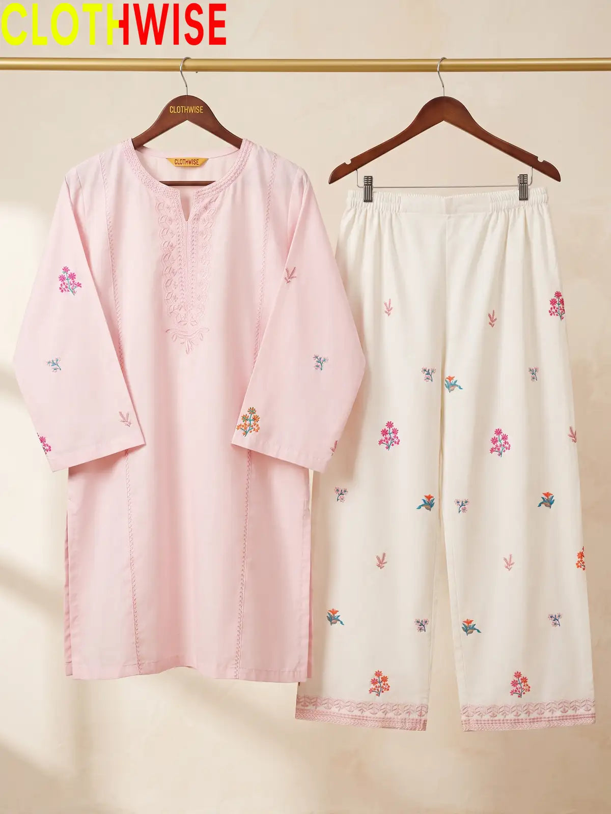 Anaya Pink 2-piece embroidered cotton suit - on hanger
