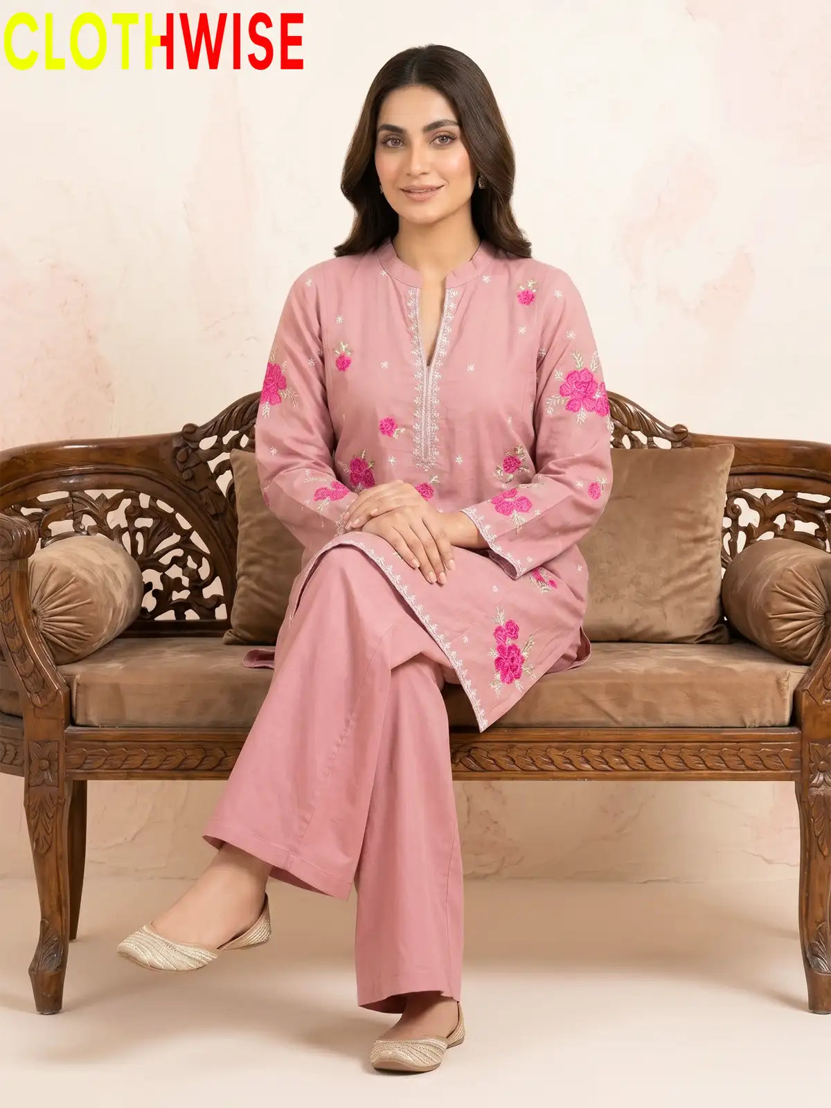 Marias Pink embroidered co-ord set - sitting - CLOTHWISE