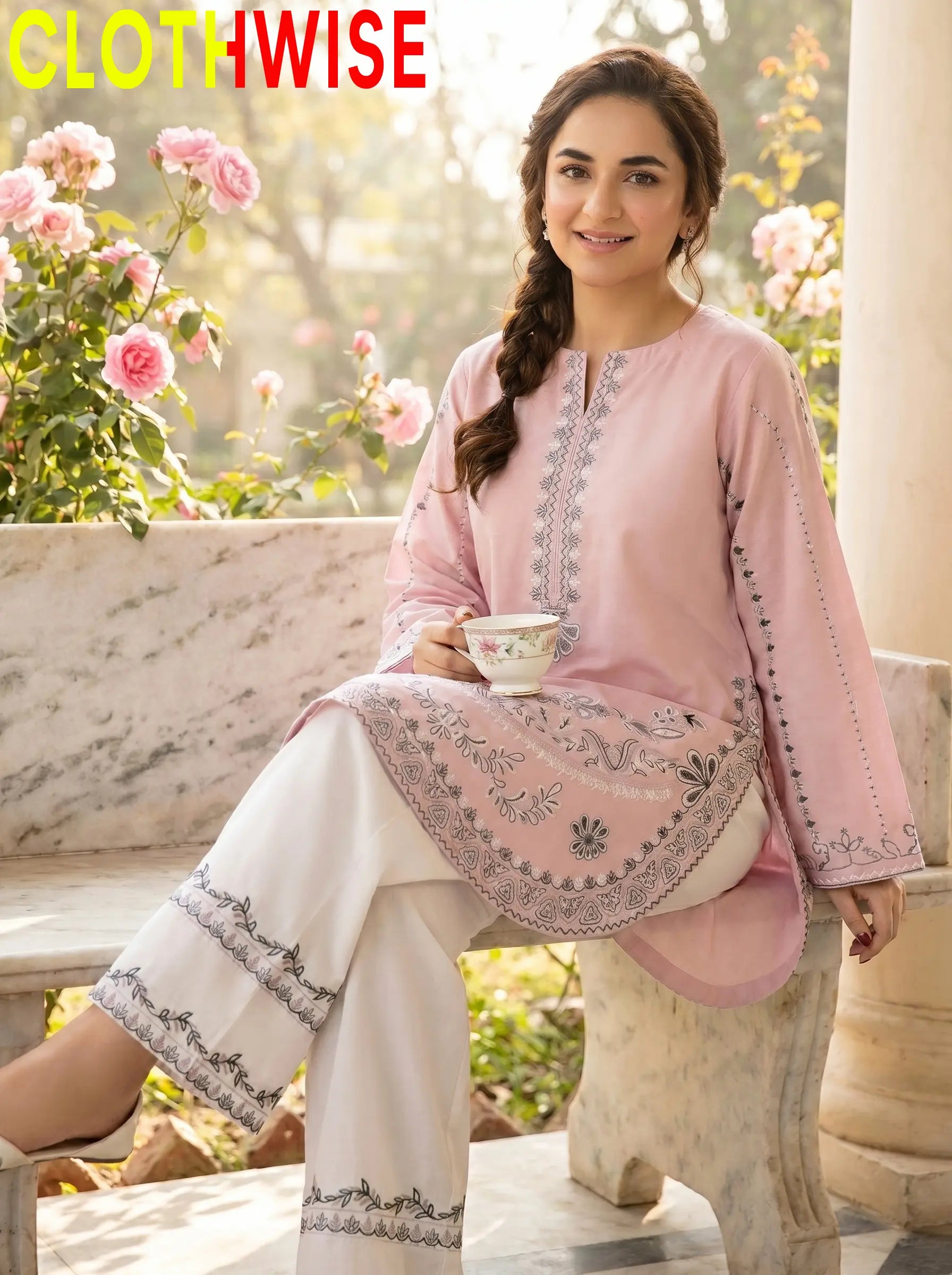 Naqsh Pink Bottom Flapper Cotton Suit Sitting Pose - Clothwise