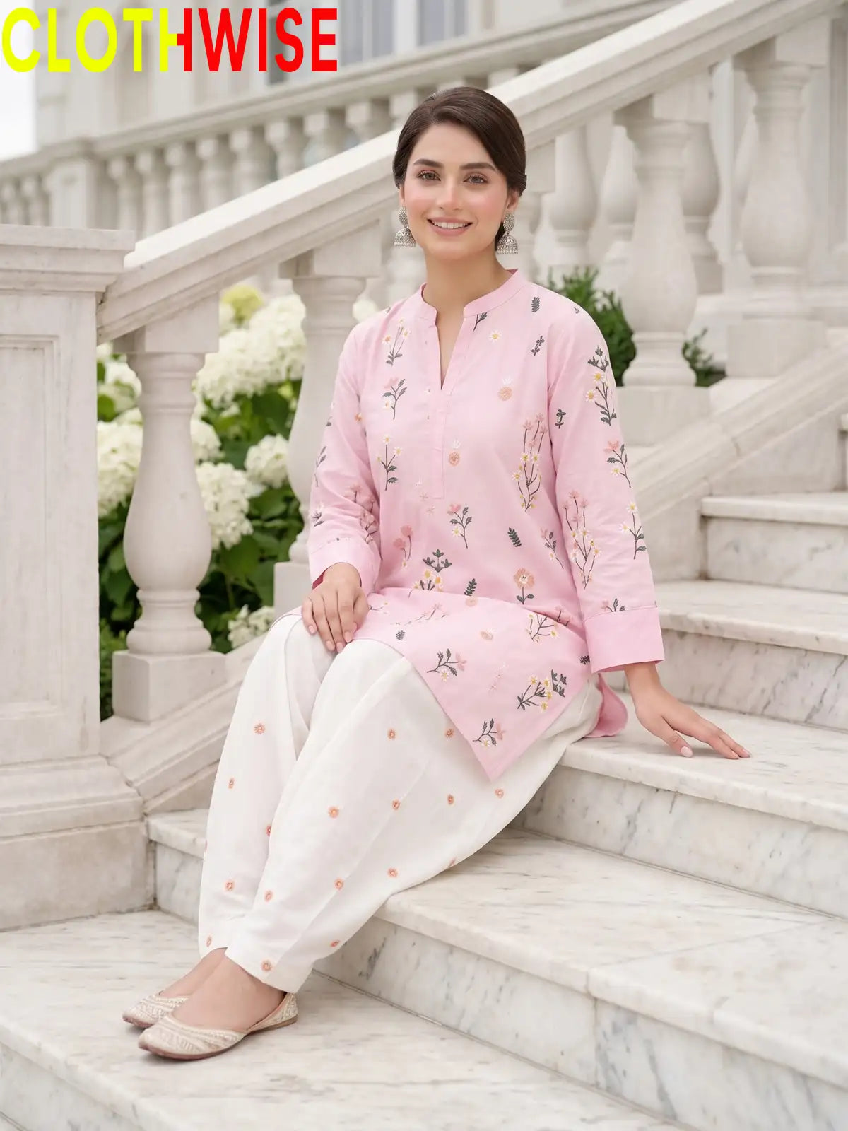 Nargiz embroidered 2-piece cotton suit in Pink - sitting view