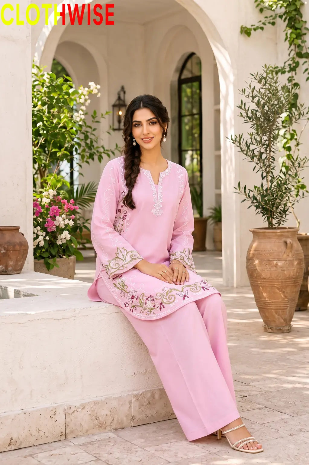 Zarnish Pink 2-piece embroidered suit - sitting view
