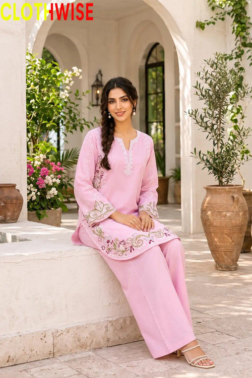 Zarnish Pink 2-piece embroidered suit - sitting view