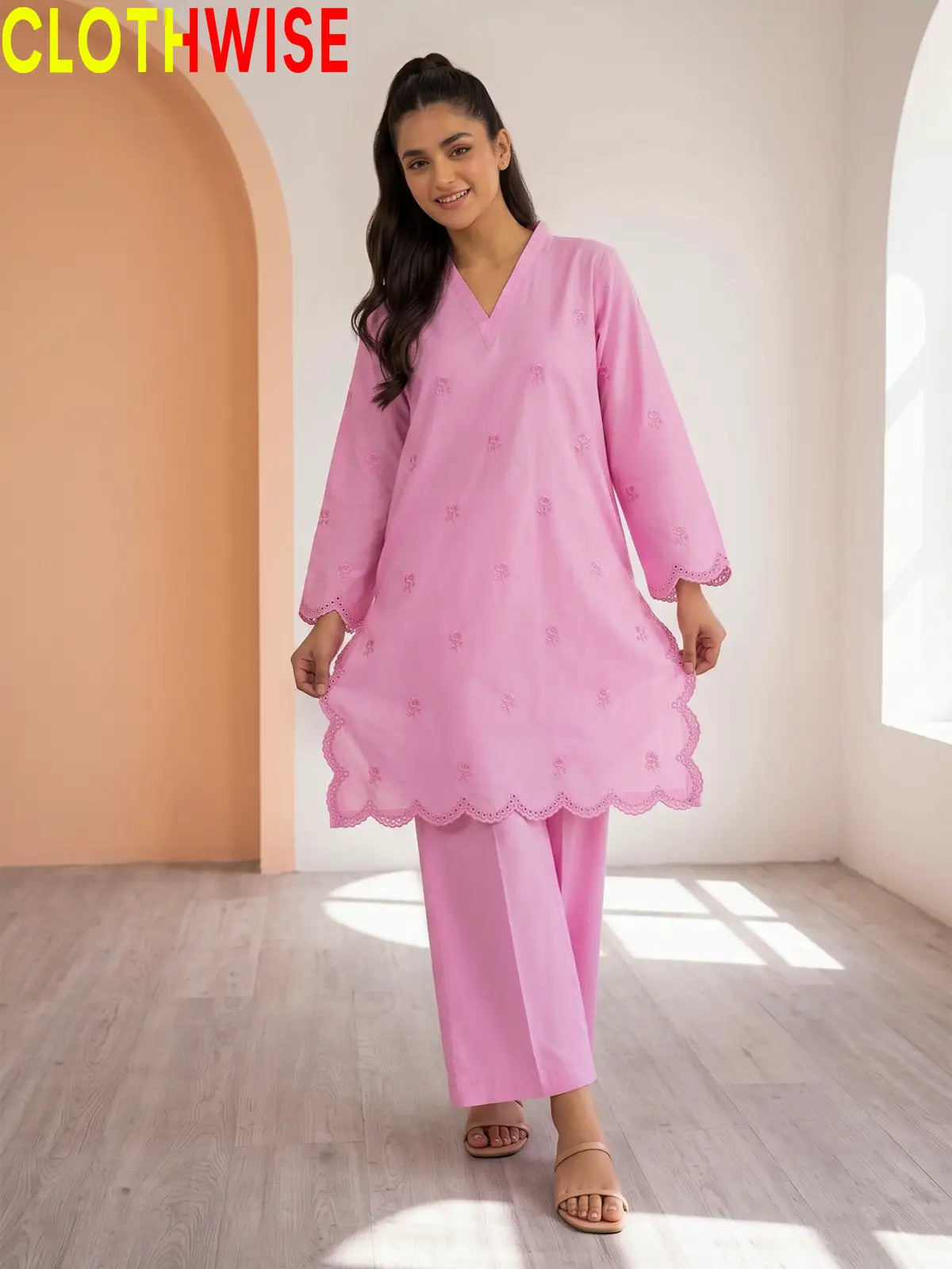 Mehr Pink embroidered 2-piece cotton suit - standing view