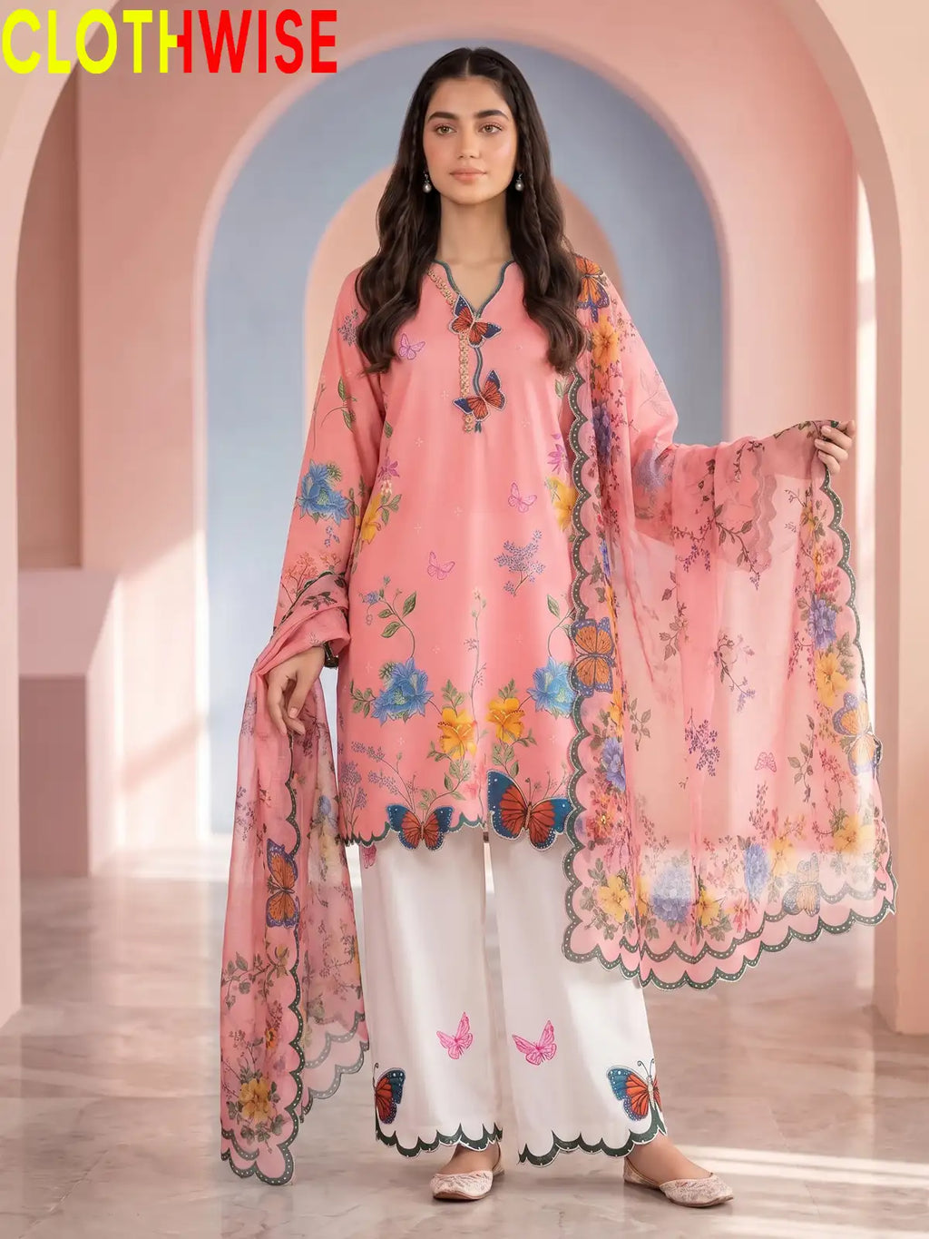 Titli - Floral Poly Lawn 2Pc Suit with Butterfly