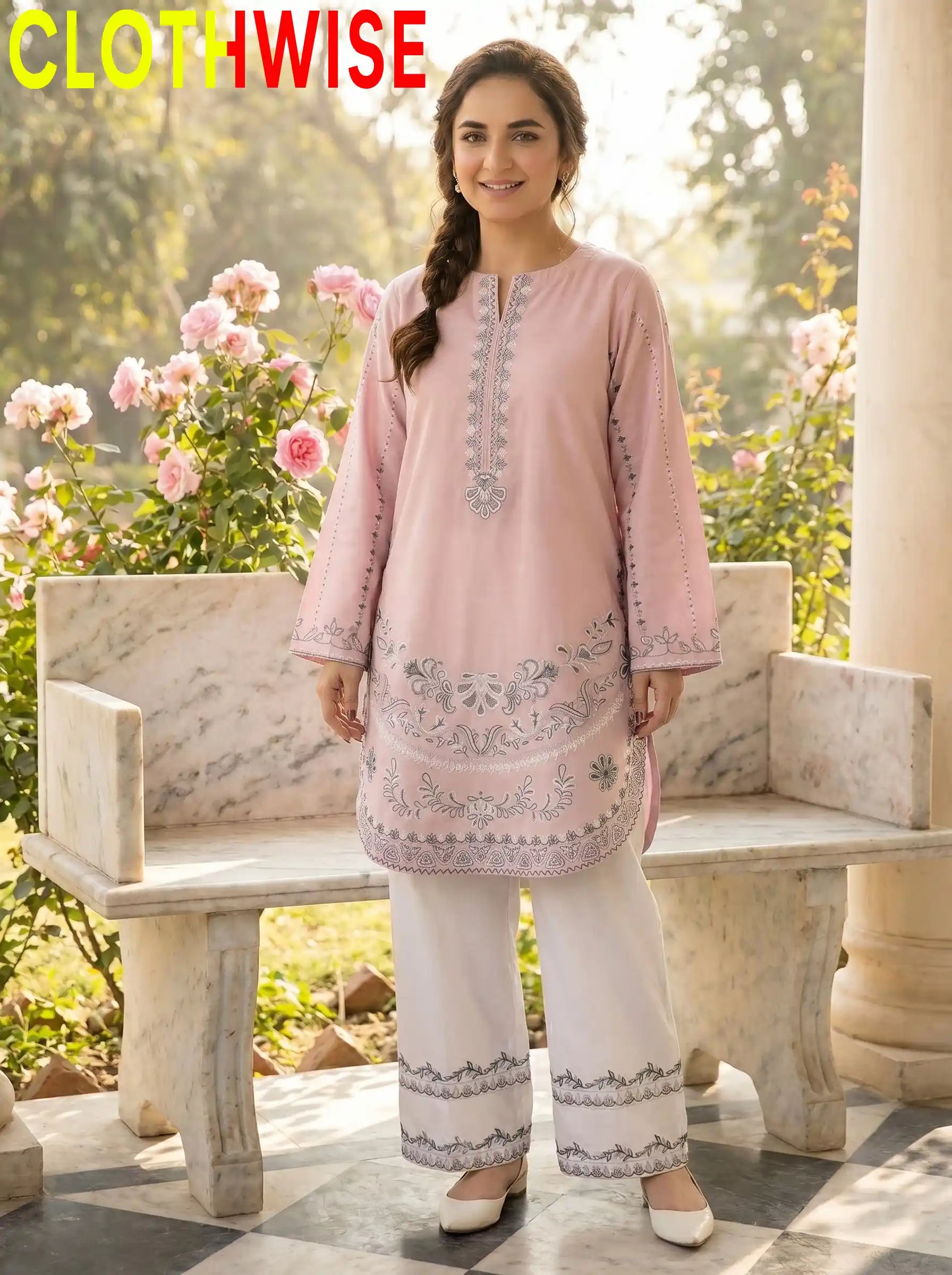 Naqsh Pink 2-Piece Stitched Cotton Suit Standing - Clothwise
