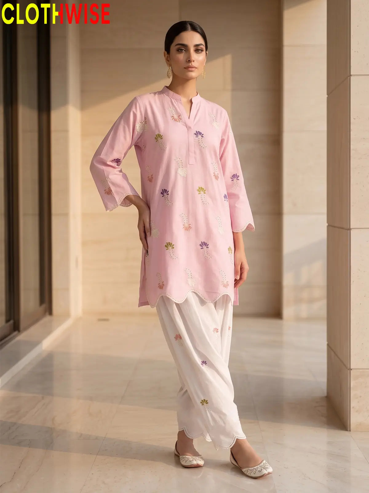 Khushi embroidered cotton suit in Pink - standing view
