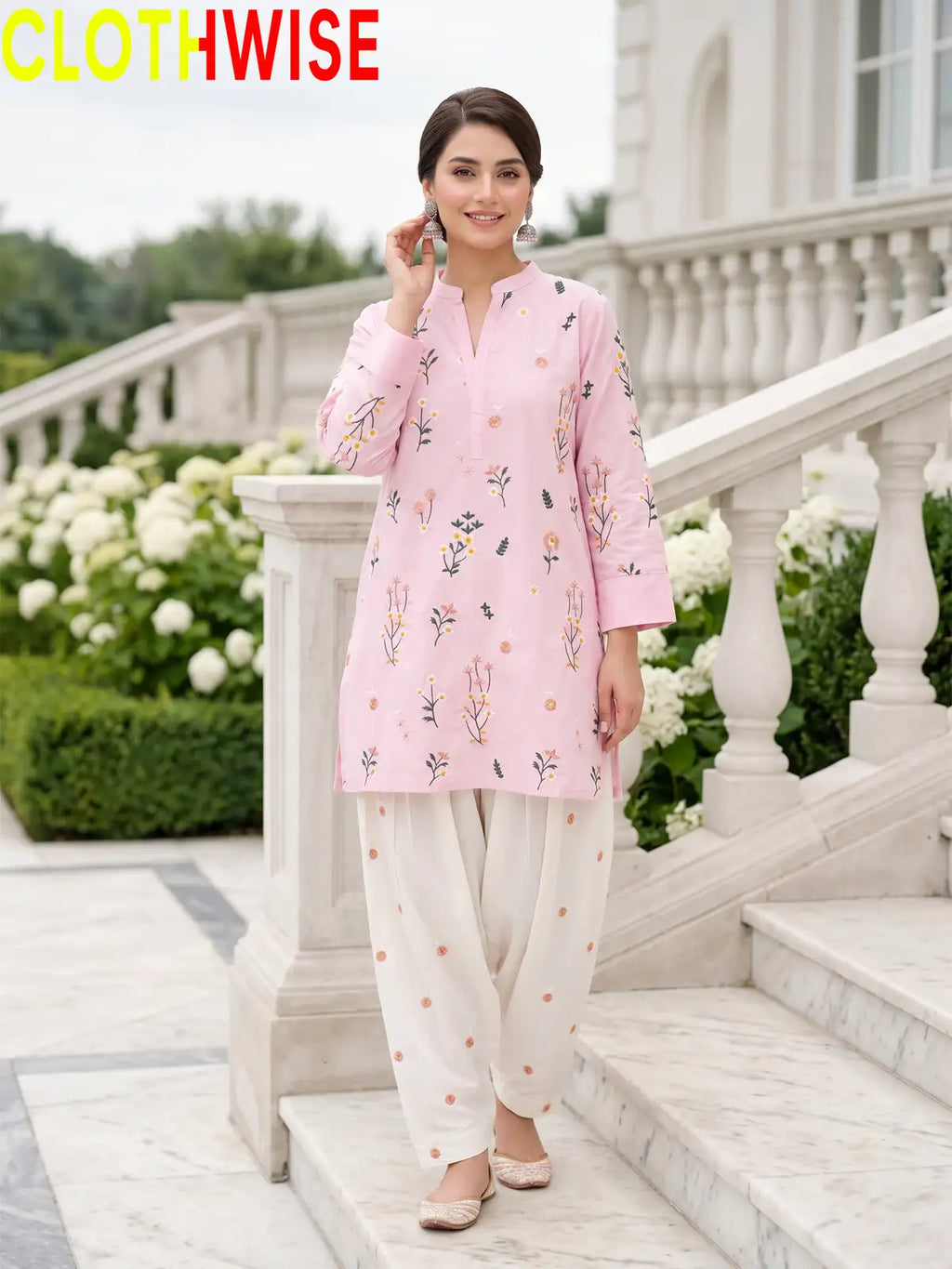 Nargiz embroidered 2-piece cotton suit in Pink - standing view