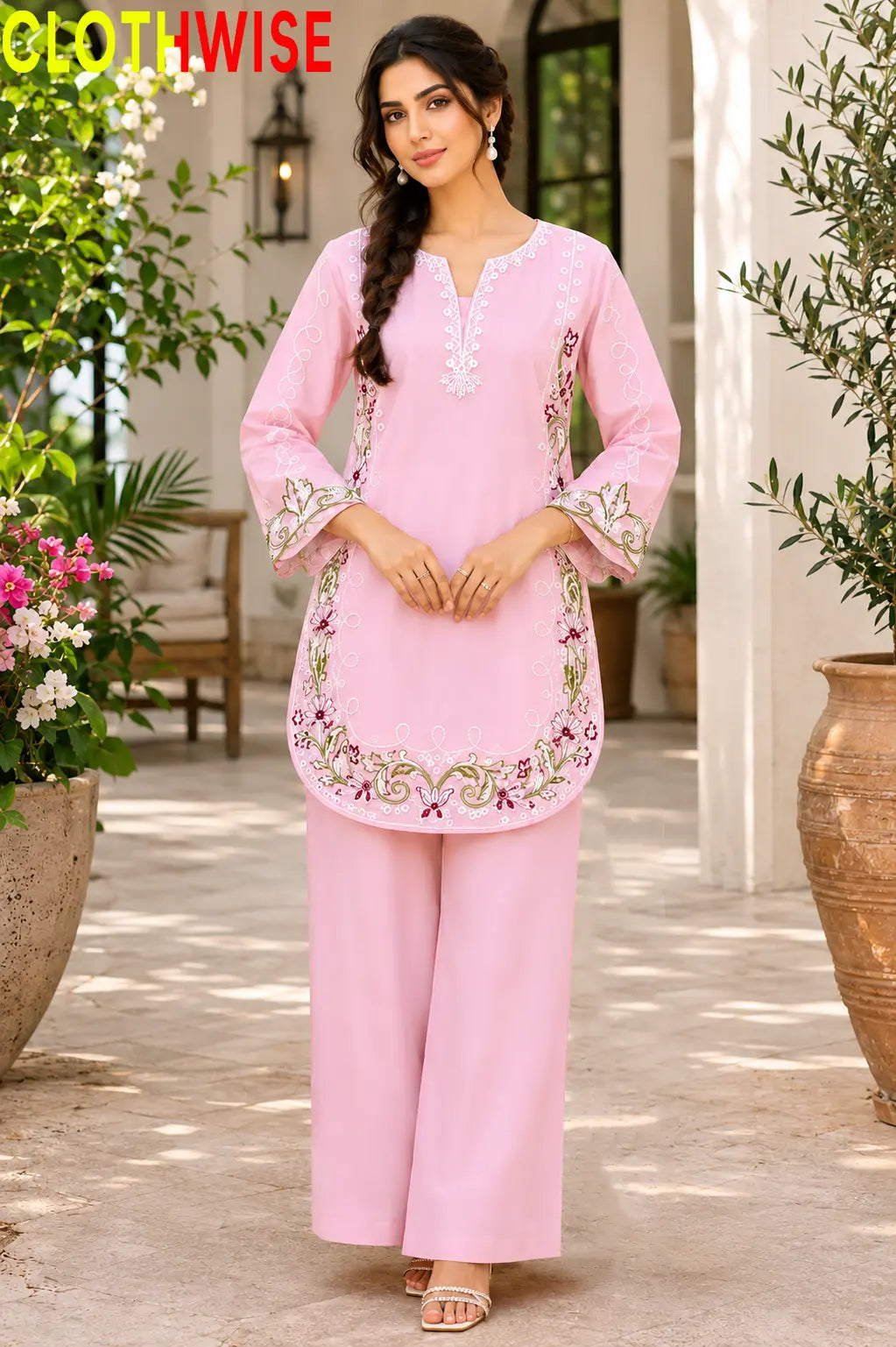 Zarnish Pink 2-piece embroidered suit - front standing view