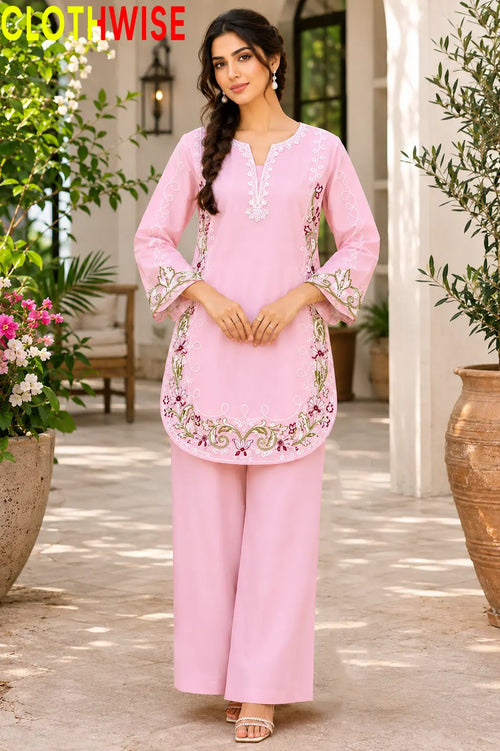 Zarnish Pink 2-piece embroidered suit - front standing view