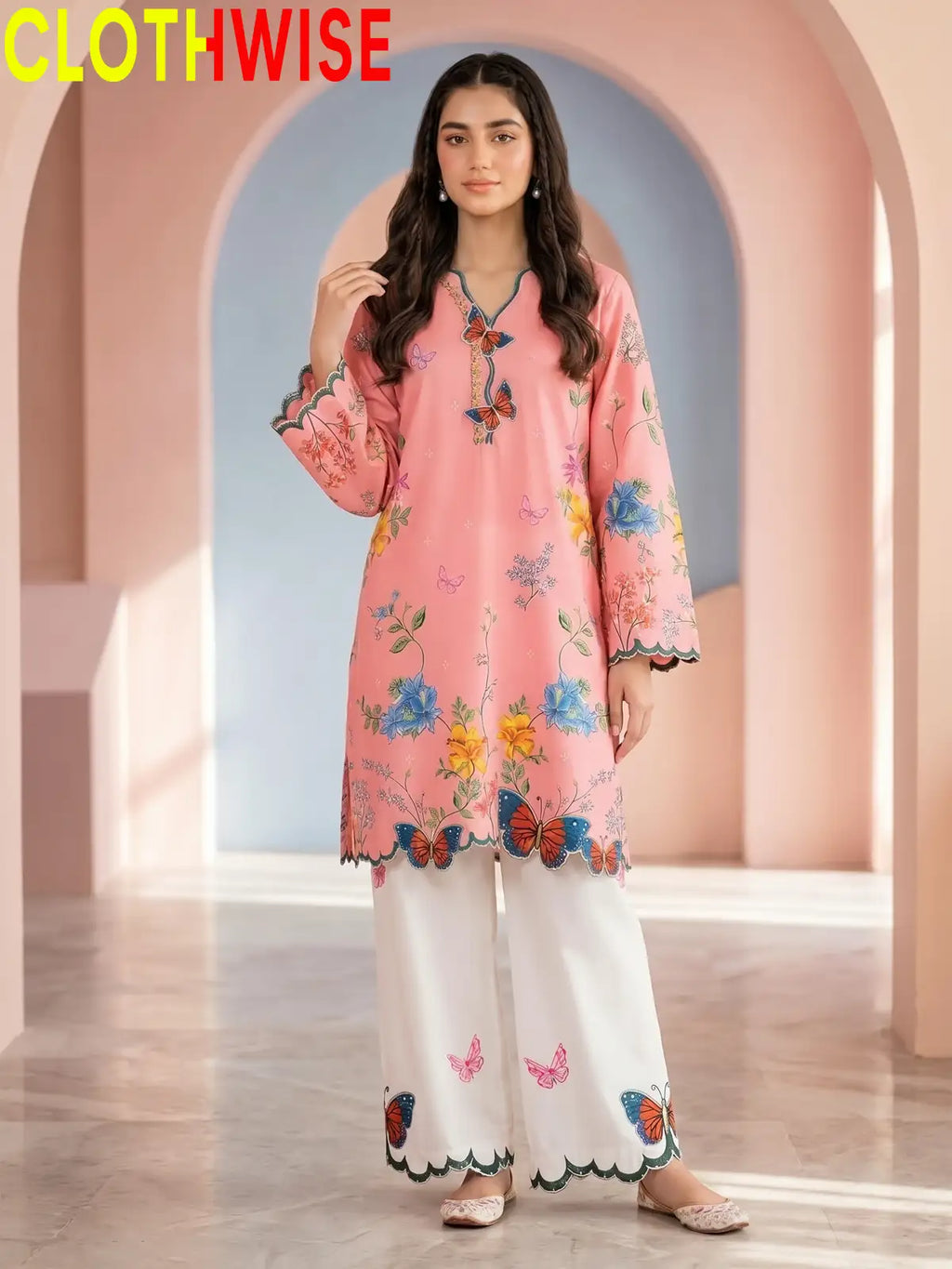 Titli - Floral Poly Lawn 2Pc Suit with Butterfly
