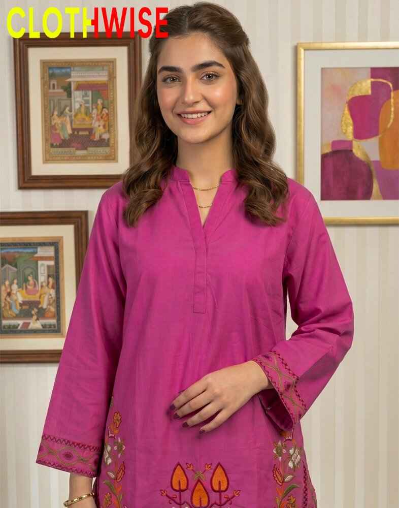 Woman wearing a pink embroidered kurta with a 'CLOTHWISE' logo above her head.