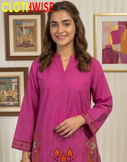 Woman wearing a pink embroidered kurta with a 'CLOTHWISE' logo above her head.