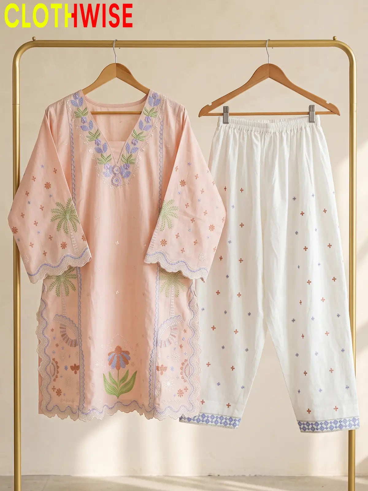 Rukhsar Floral Embroidered V-Neck Kurti with Shalwar | Clothwise