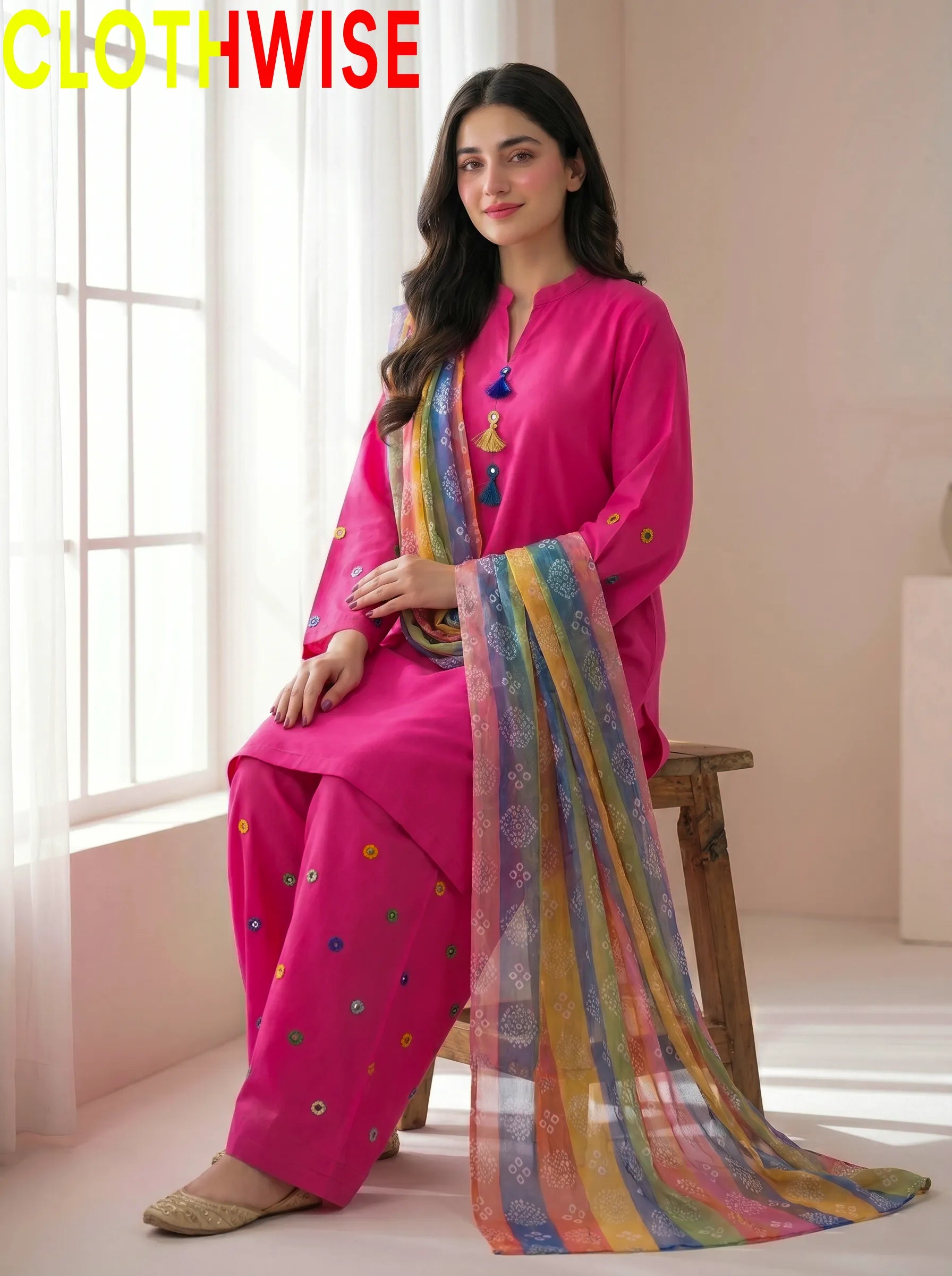 Ethnic Mirror Work - Magenta Pink Co-ord Set with Multicolor Chunri Dupatta - Pakistani Women Pret | CLOTHWISE