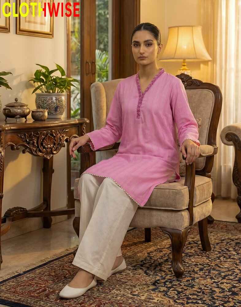 Lumiere – Pink Shirt with White Flapper Pant | 2 Piece Summer Set - Pakistani Women Pret | CLOTHWISE
