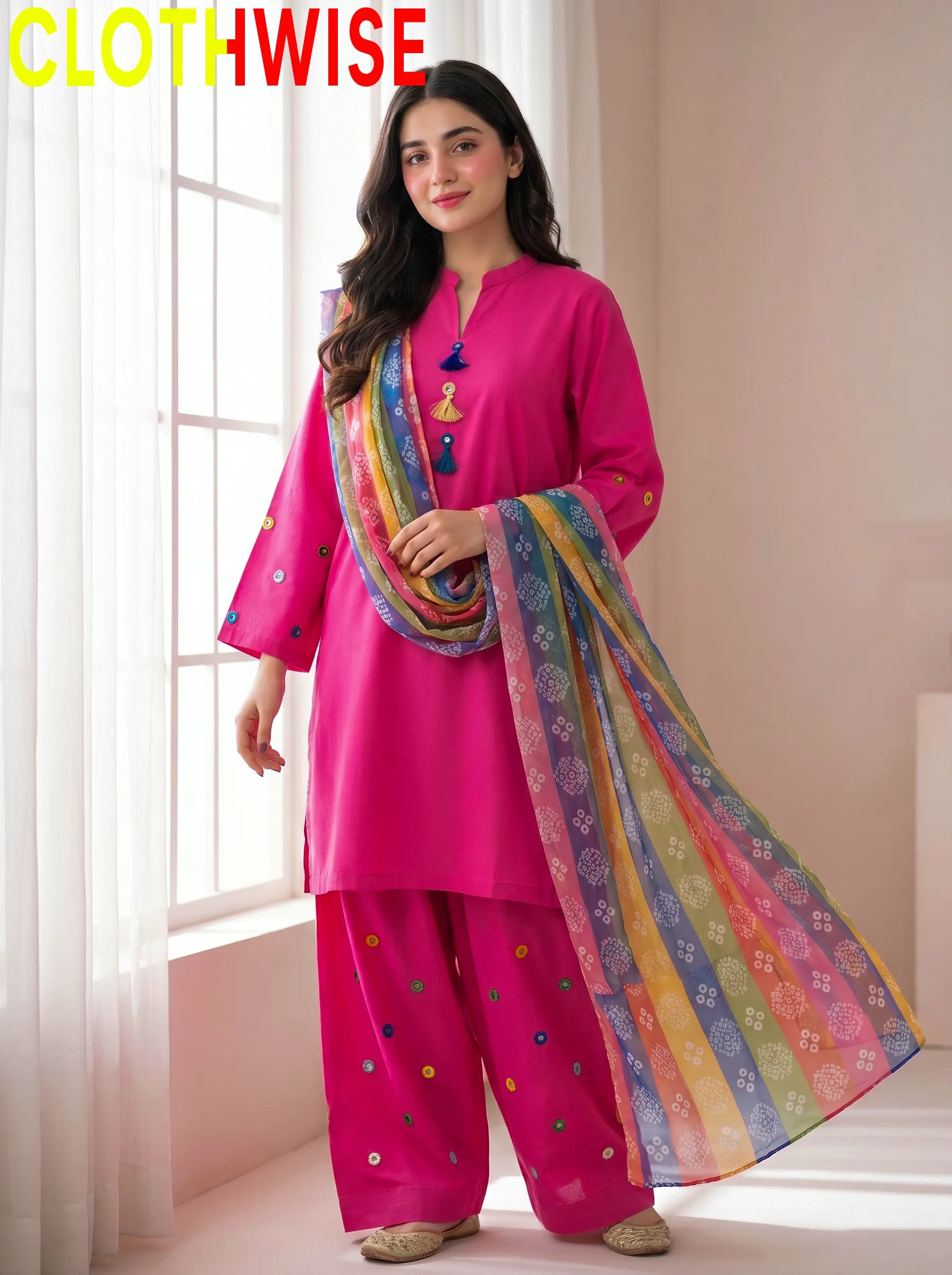 Ethnic Mirror Work - Magenta Pink Co-ord Set with Multicolor Chunri Dupatta - Pakistani Women Pret | CLOTHWISE