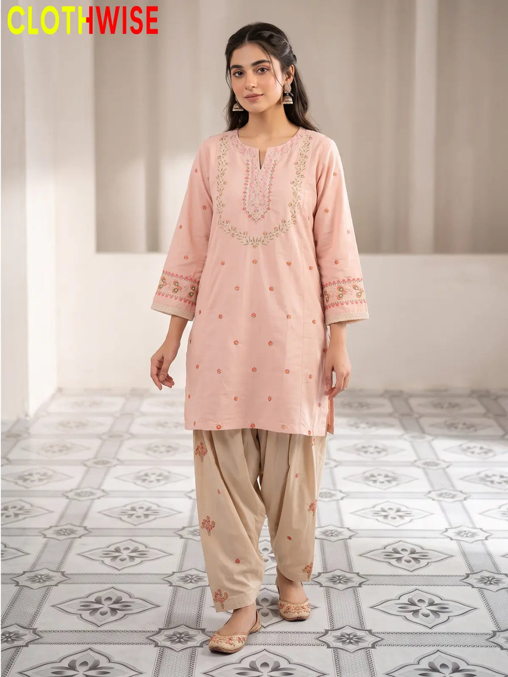 Noor – Embroidered Cotton Kurta with Floral Farshi Shalwar | 2Pc Stitched Suit