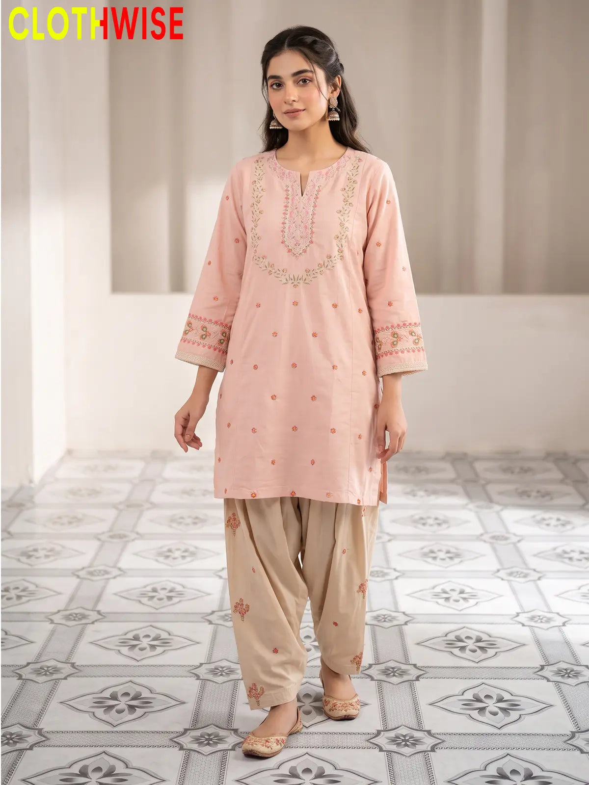 Noor – Embroidered Cotton Kurta with Floral Farshi Shalwar | 2Pc Stitched Suit