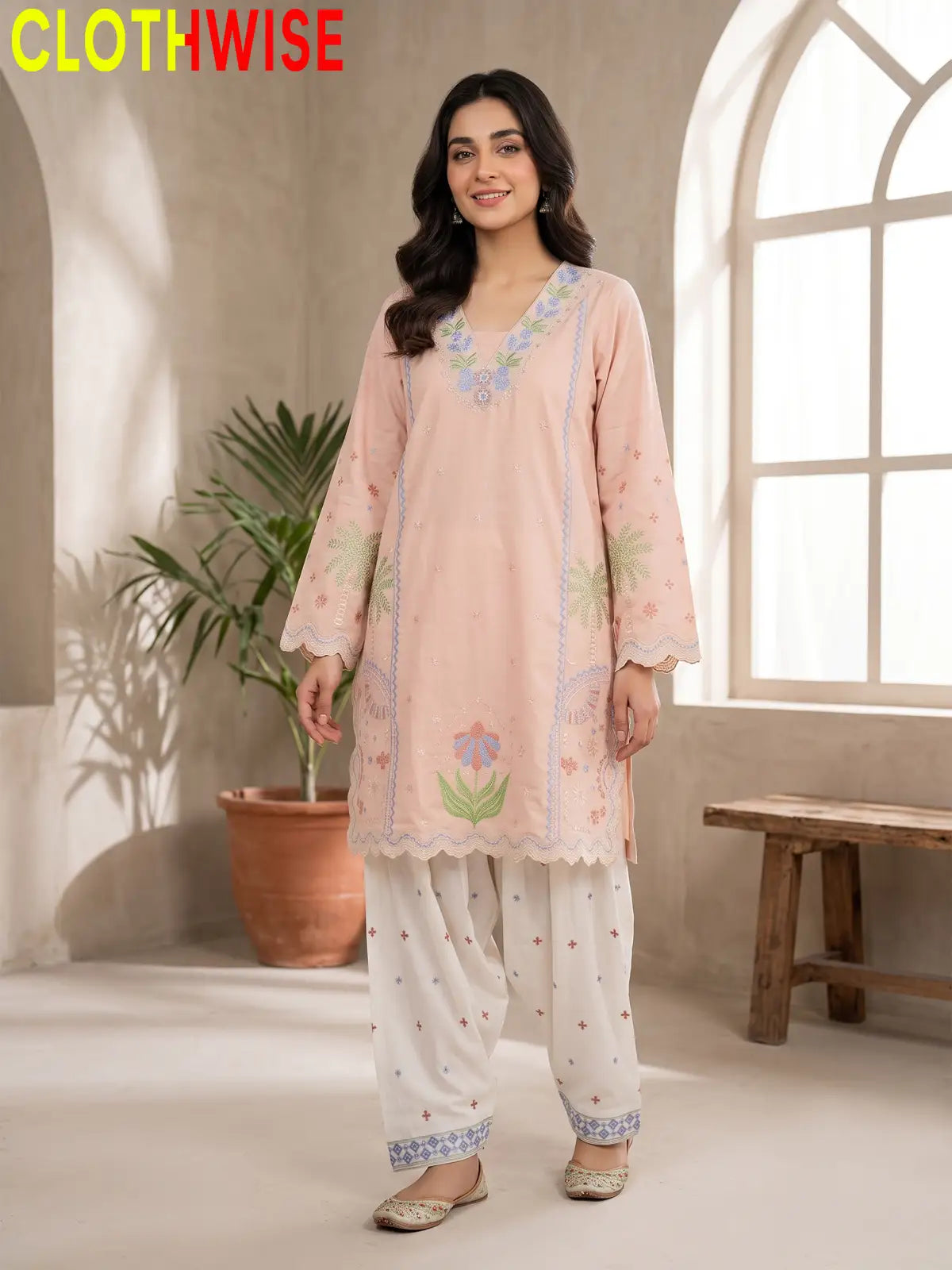 Rukhsar Floral Embroidered V-Neck Kurti with Shalwar | Clothwise