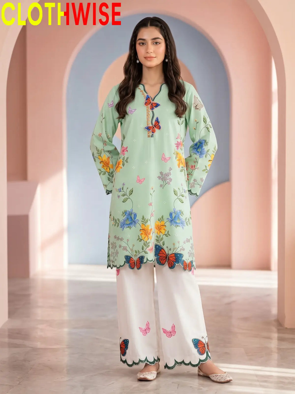 Titli - Floral Poly Lawn 2Pc Suit with Butterfly