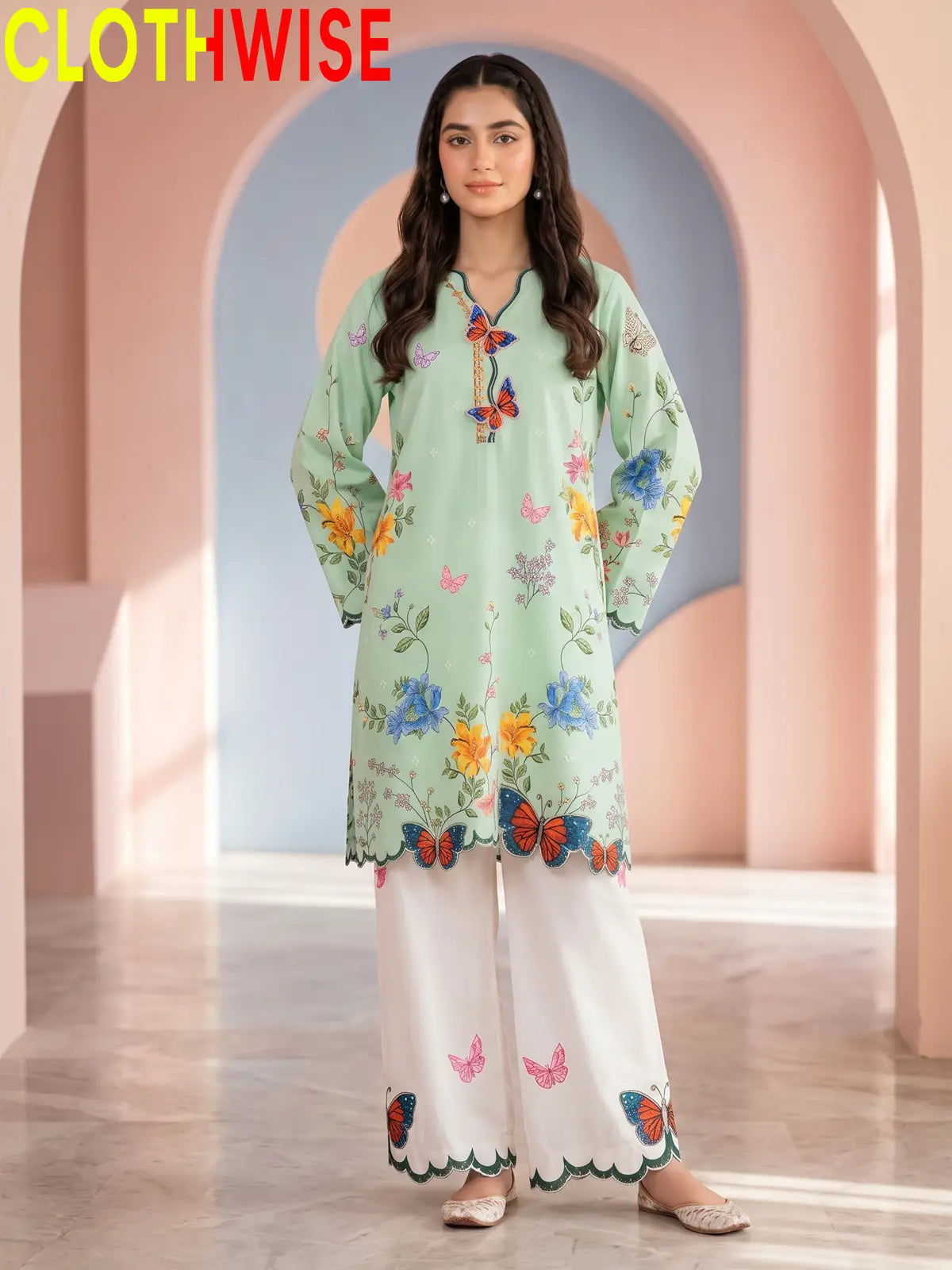 Titli - Floral Poly Lawn 2Pc Suit with Butterfly