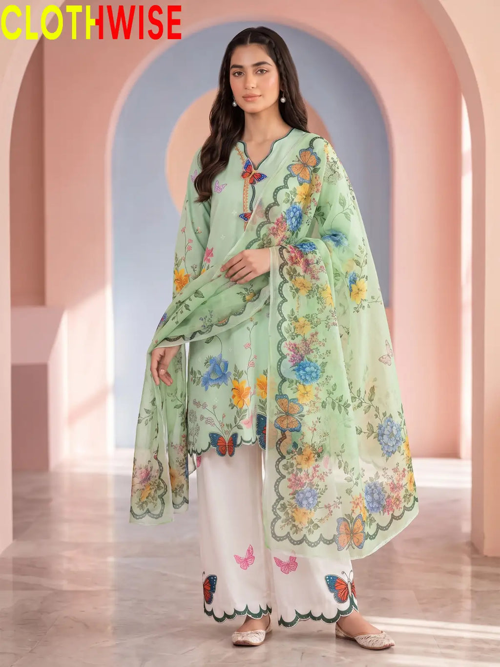 Titli - Floral Poly Lawn 2Pc Suit with Butterfly