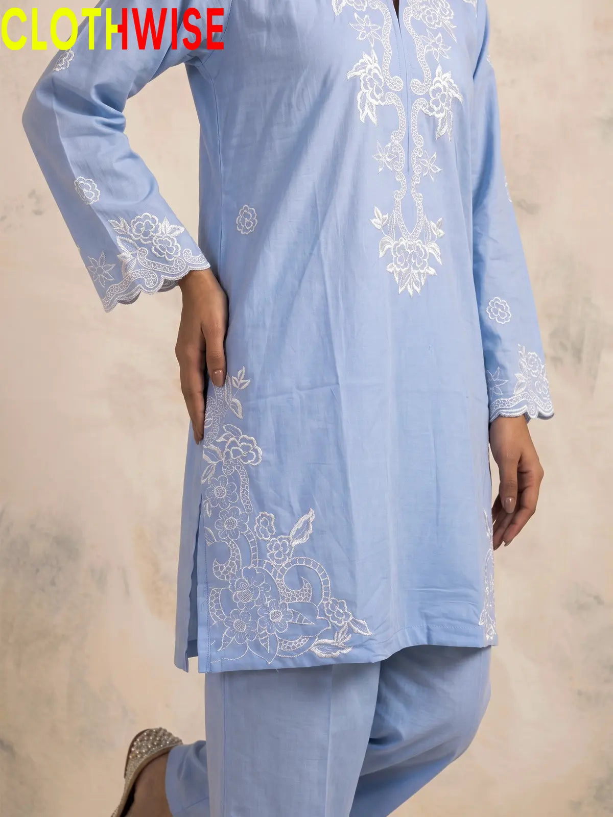 Muskaan Powder Blue Suit – Printed Flapper Daman Close-up