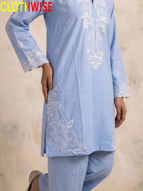 Muskaan Powder Blue Suit – Printed Flapper Daman Close-up