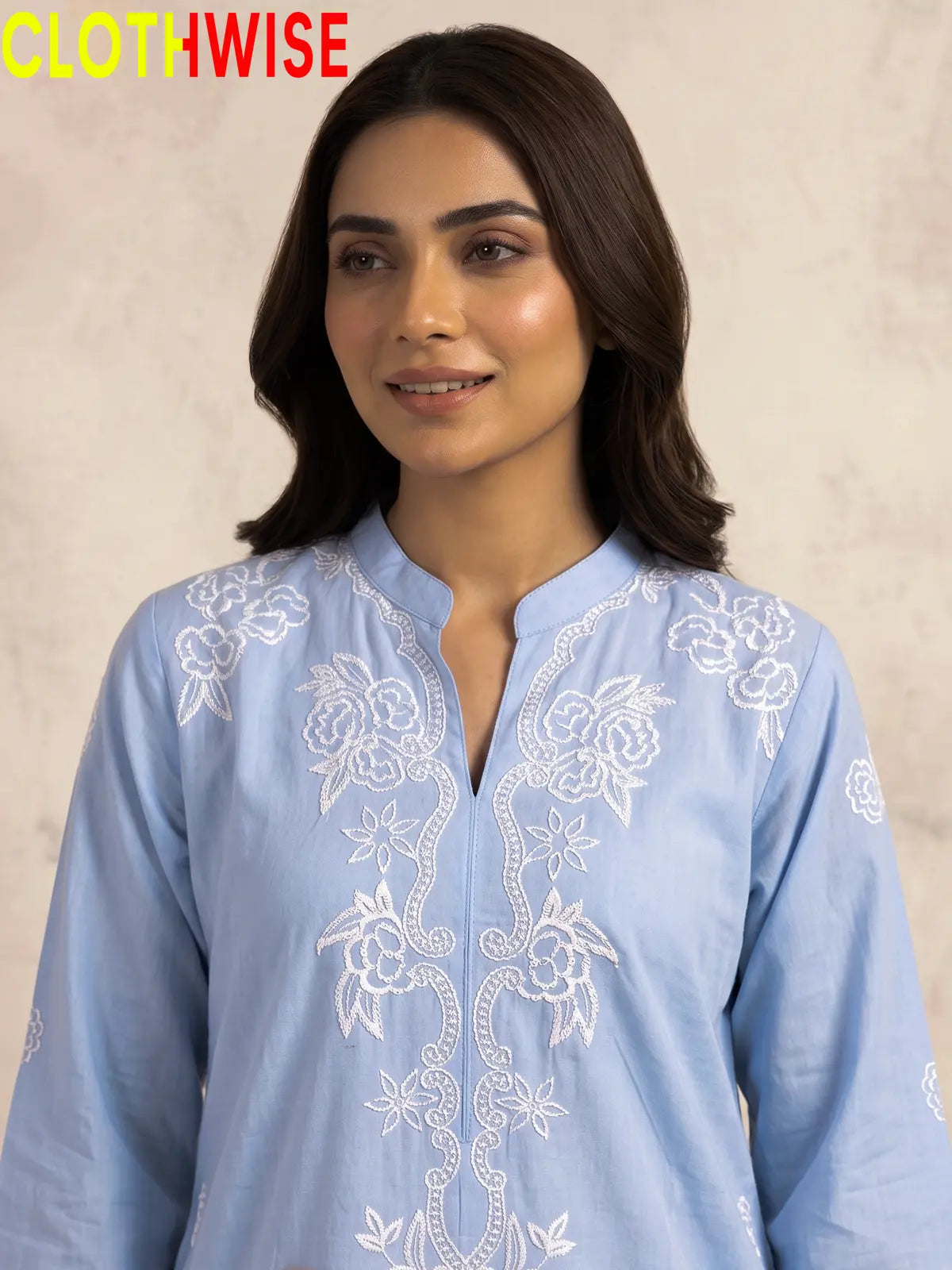 Muskaan Powder Blue Suit – Embroidered Neckline Detail