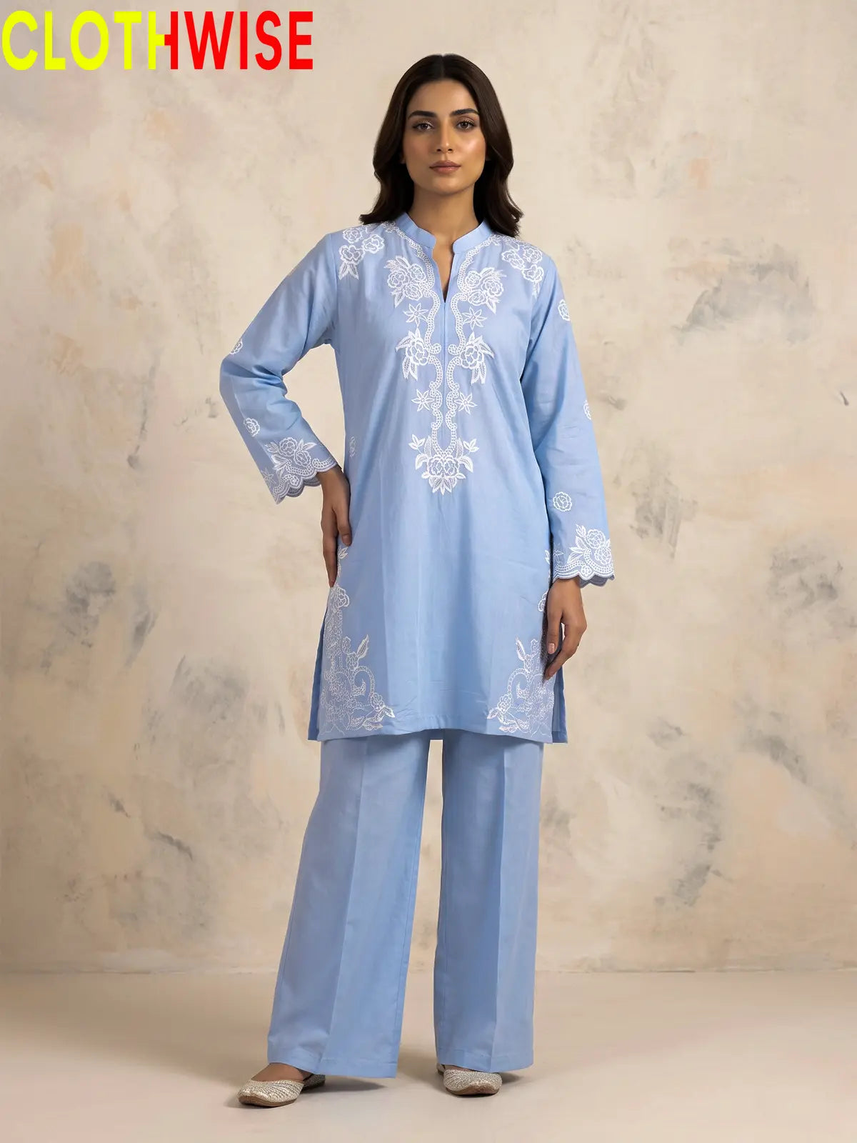 Muskaan Powder Blue Embroidered 2-Piece Cotton Suit – Front View
