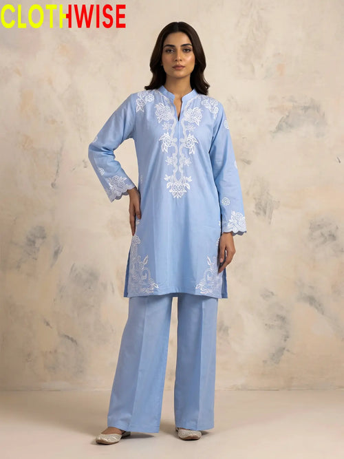 Muskaan Powder Blue Embroidered 2-Piece Cotton Suit – Front View