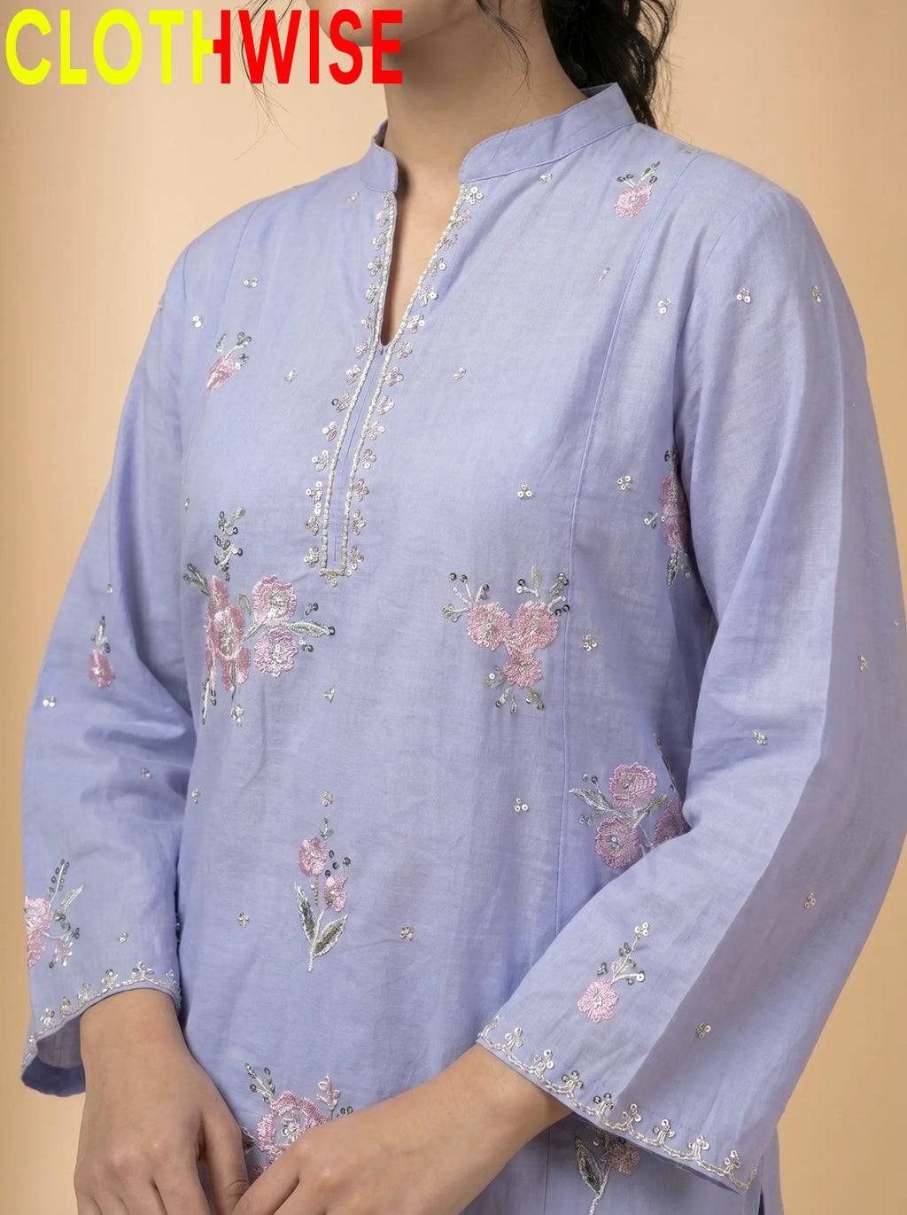 Marias 2-Piece Printed Co-ord Suit Periwinkle Closeup – Stitched Cotton Women Suit by Clothwise