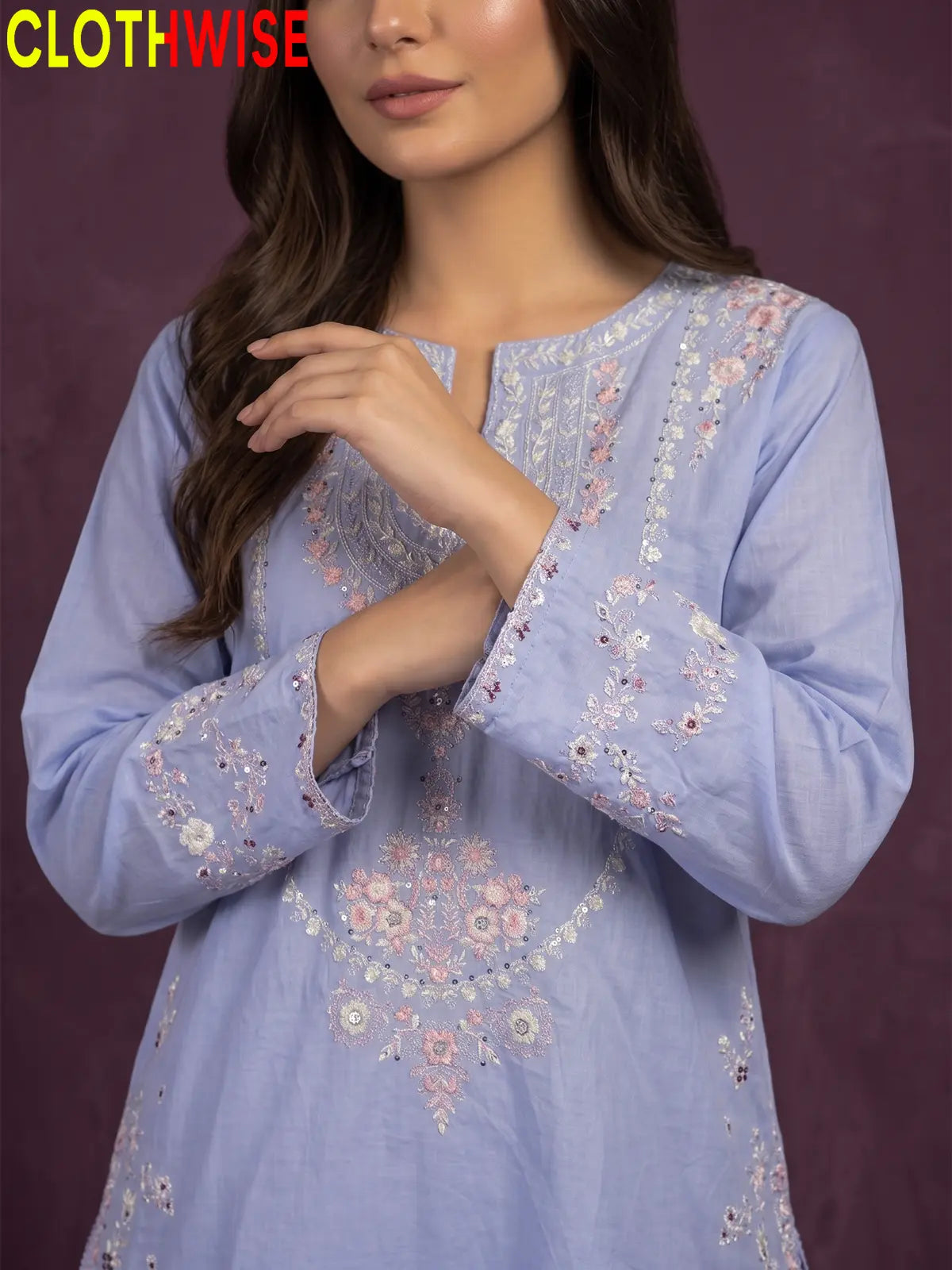 Zeenat Periwinkle sequin embroidered sleeves and gol daman neckline closeup
