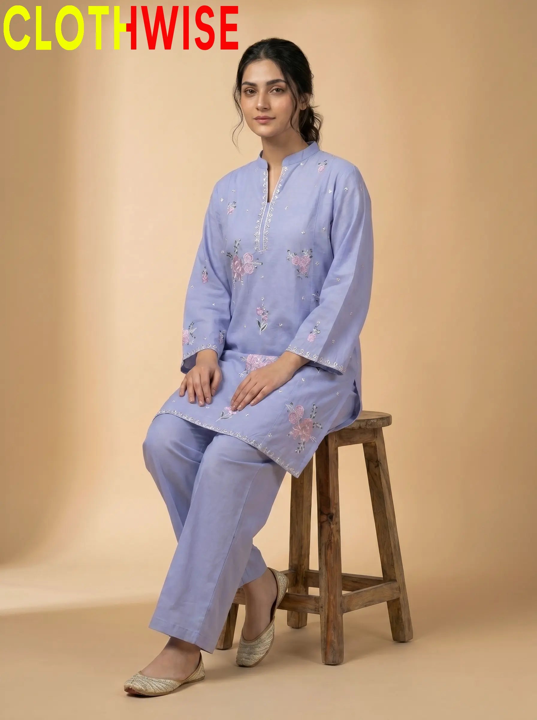 Marias 2-Piece Printed Co-ord Suit Periwinkle Sitting – Bottom Flapper Sequin Embroidery by Clothwise