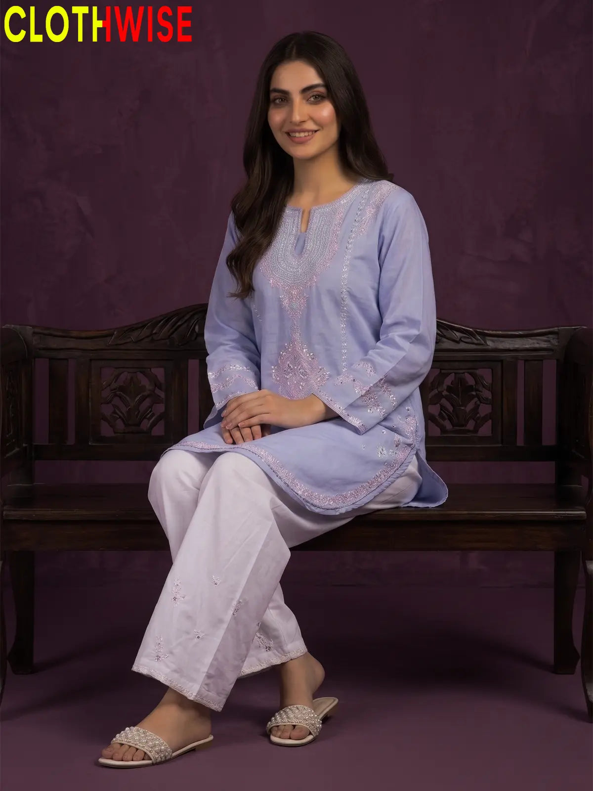 Zeenat Periwinkle 2-piece sequin embroidered suit - sitting pose