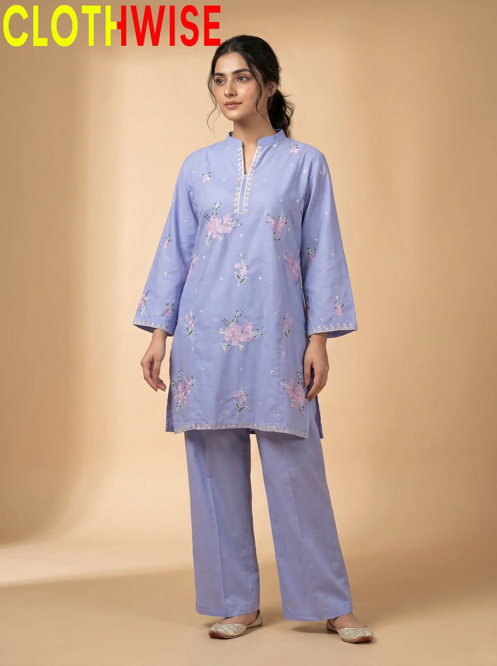 Marias 2-Piece Printed Co-ord Suit Periwinkle Standing – Sequin Embroidered Stitched Women Suit by Clothwise