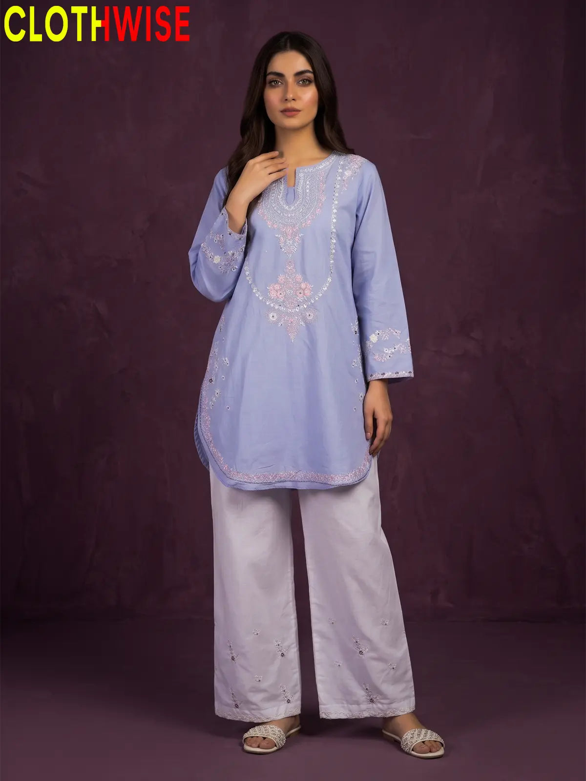 Zeenat Periwinkle 2-piece sequin embroidered suit - front standing view