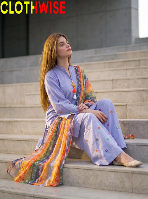 Ethnic Mirror Work - Periwinkle Blue Co-ord Set with Multicolor Chunri Dupatta