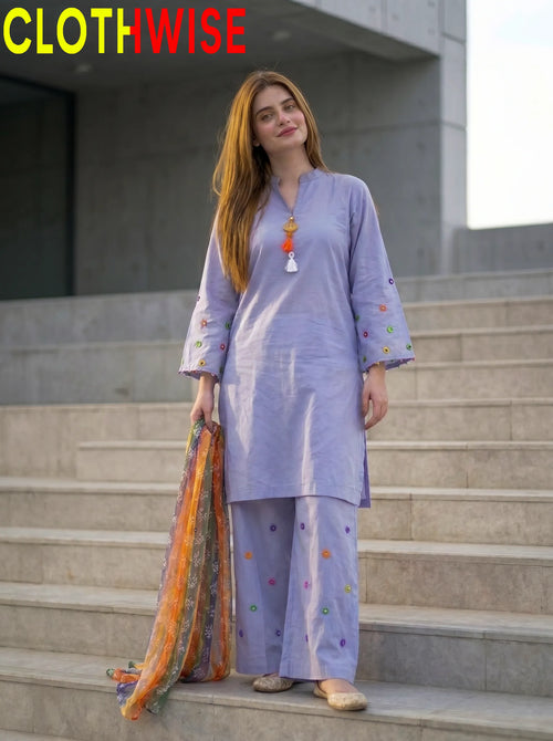 Ethnic Mirror Work - Periwinkle Blue Co-ord Set with Multicolor Chunri Dupatta