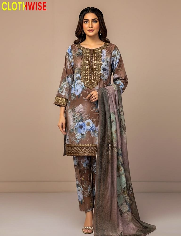 Woman wearing a floral and embroidered traditional outfit with a matching dupatta on a beige background, branded 'CLOTHWISE'.