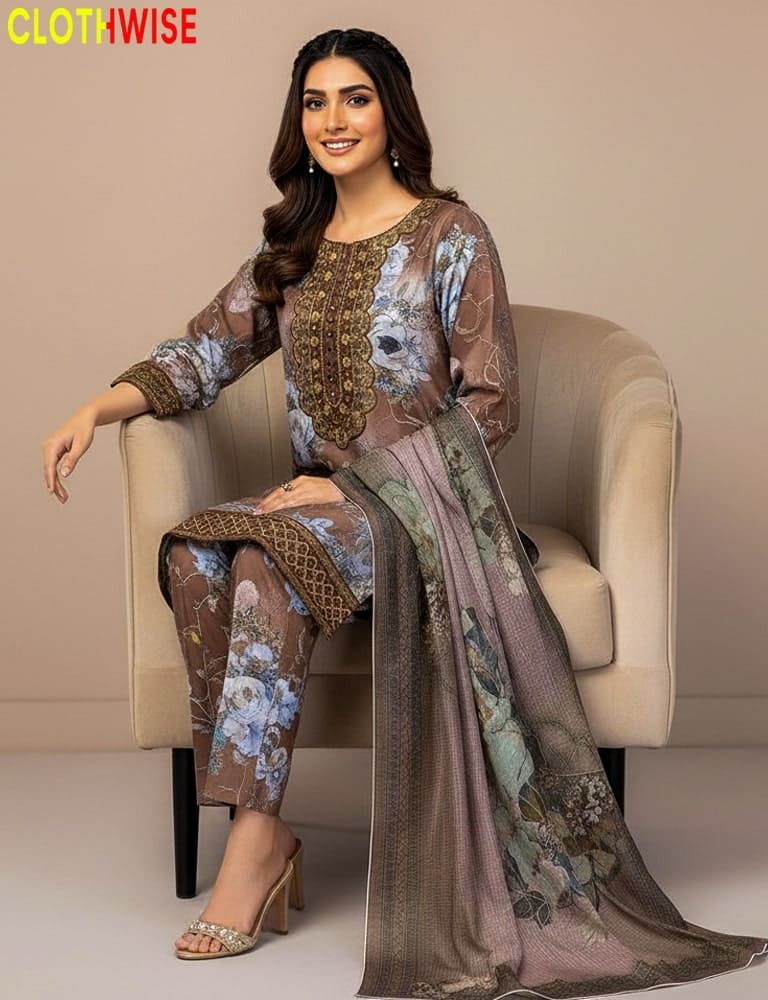 Sukoon – 40% OFF Brown Lycra Summer Silk 3-Piece Glitter Printed Embroidered Suit - Pakistani Women Pret | CLOTHWISE