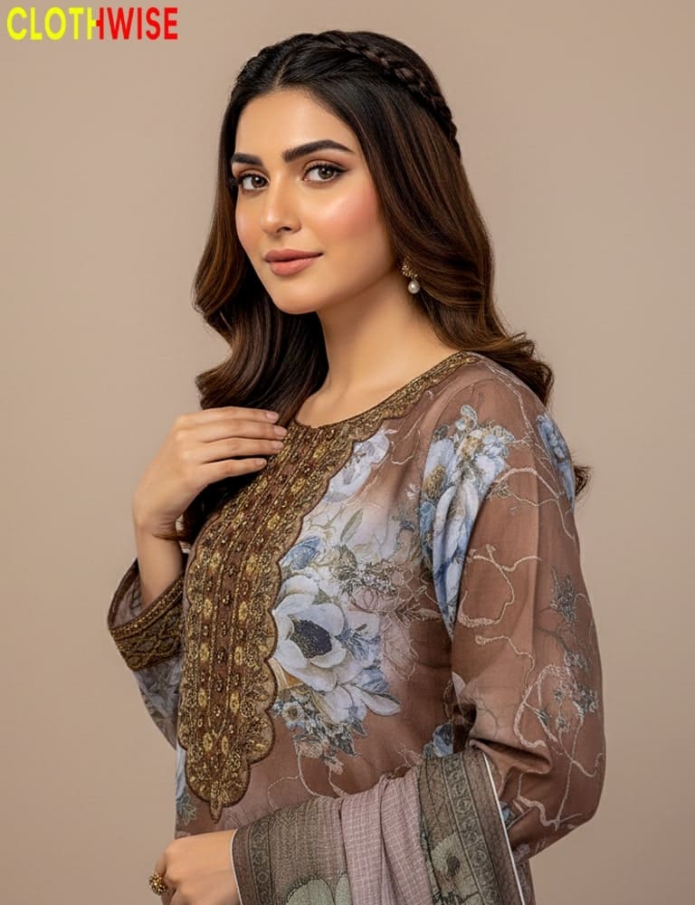 Sukoon – 40% OFF Brown Lycra Summer Silk 3-Piece Glitter Printed Embroidered Suit - Pakistani Women Pret | CLOTHWISE