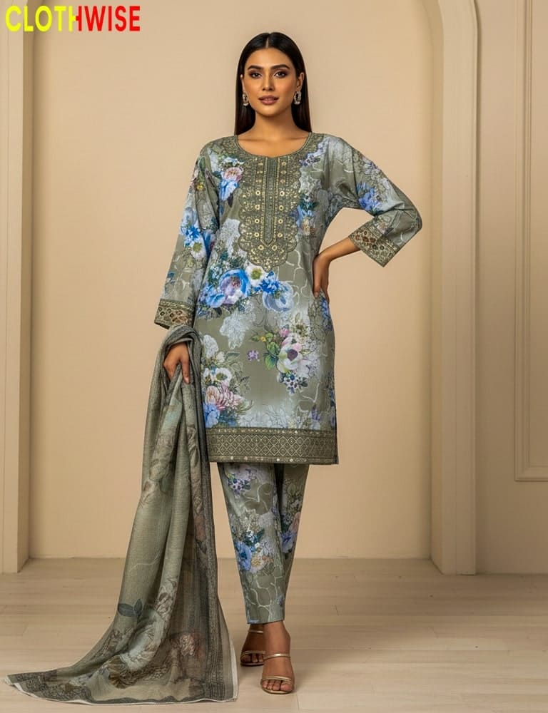 Sukoon – 40% OFF Green Lycra Summer Silk 3-Piece Glitter Printed Embroidered Suit - Pakistani Women Pret | CLOTHWISE