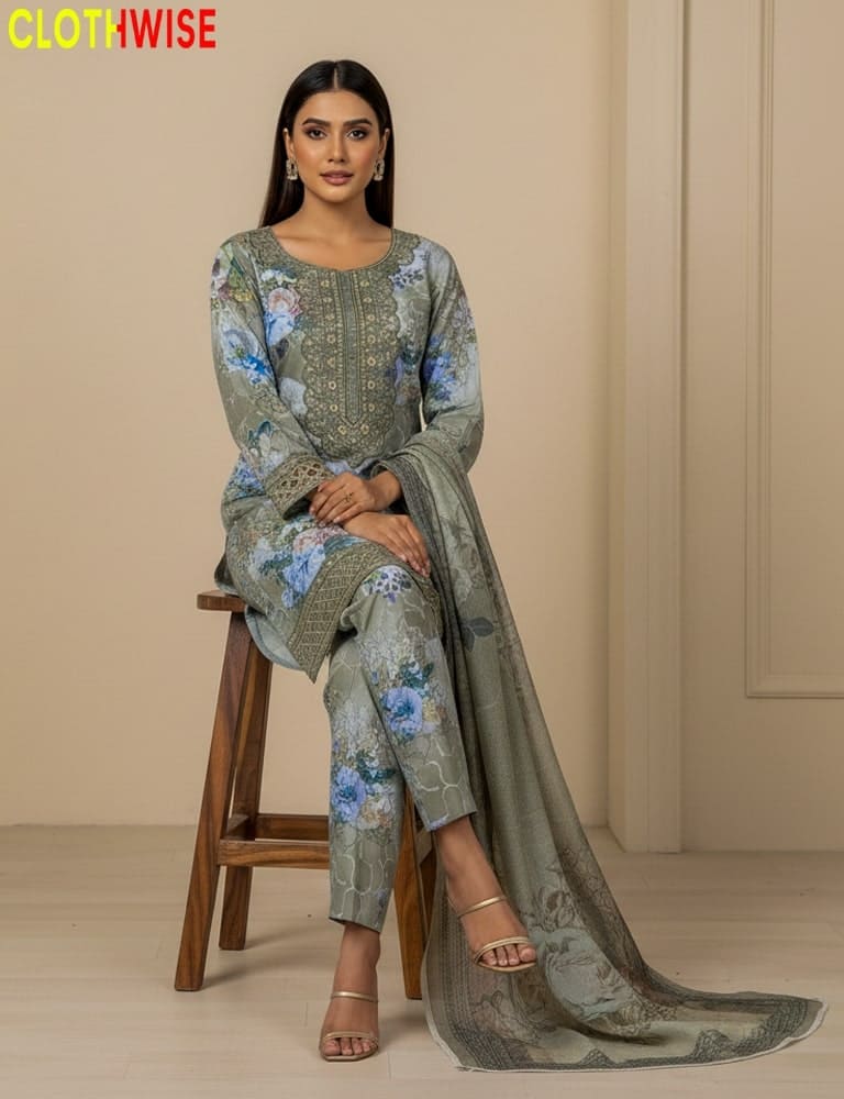 Woman wearing a floral outfit sitting on a wooden stool with 'Clothwise' branding.