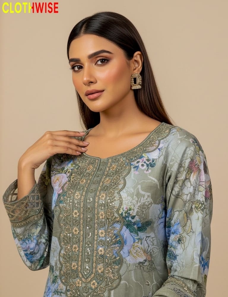 Woman wearing a floral embroidered outfit with a matching dupatta, standing against a beige wall.