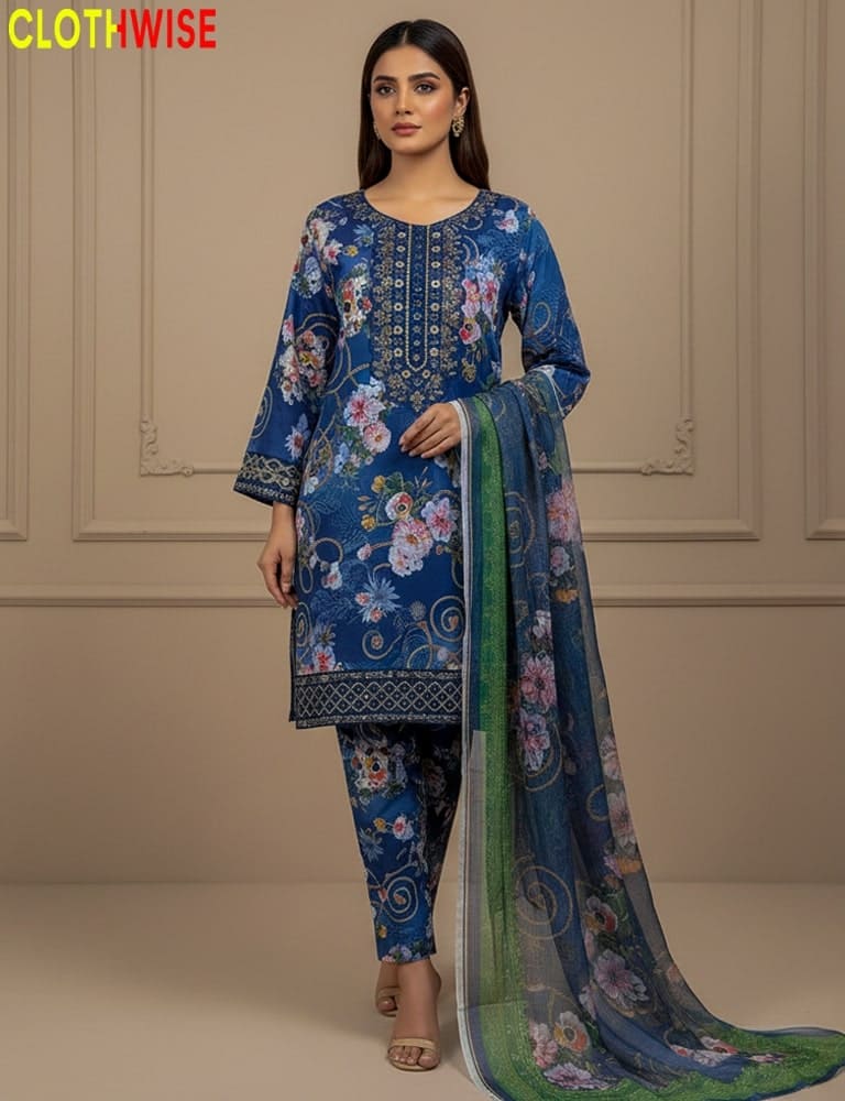 Woman wearing a blue floral embroidered outfit with a green dupatta against a beige wall.