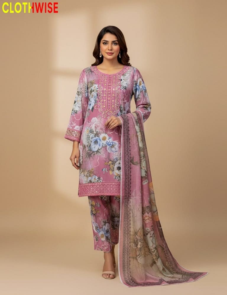 Woman wearing a pink floral outfit with a matching dupatta on a beige background, branded 'Clothwise'.