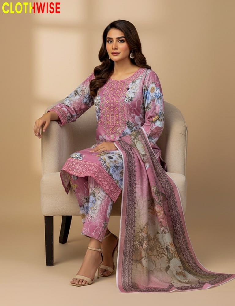 Woman in a pink floral outfit sitting on a chair with 'ClothWise' branding.