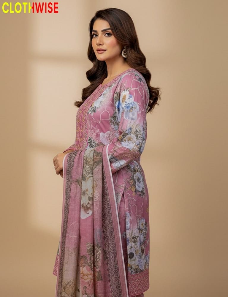 Woman wearing a pink floral dress with a beige background, branded 'CLOTHWISE'.